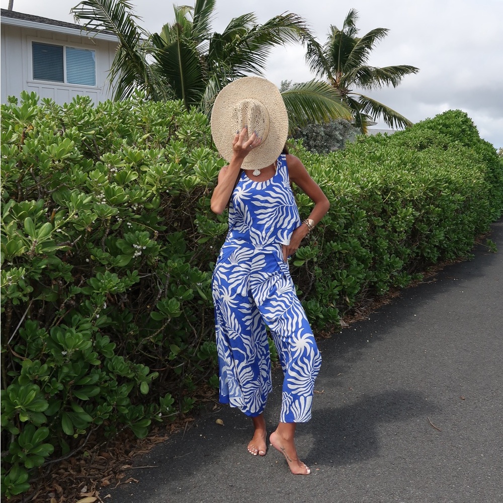 Blue and White Leaf Print Jumpsuit